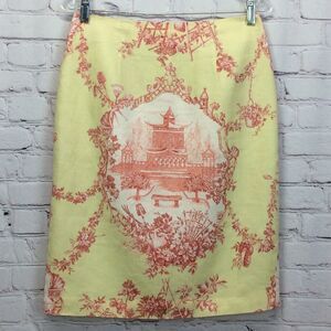 Silk Club Collection Pencil Skirt Womens Size 8 Cream Red Asian Print 100% Linen